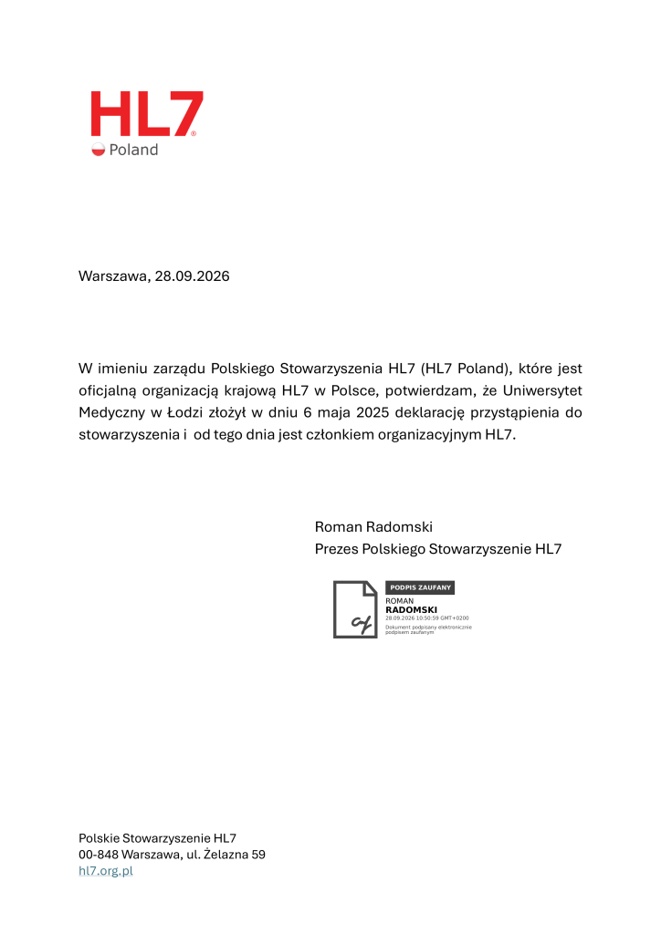 Potwierdzenie członkostwa HL7 20260928